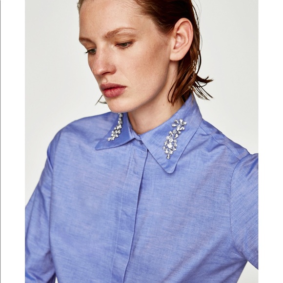 🆕 Zara blue shirt with bejewelled collar. - Picture 2 of 6
